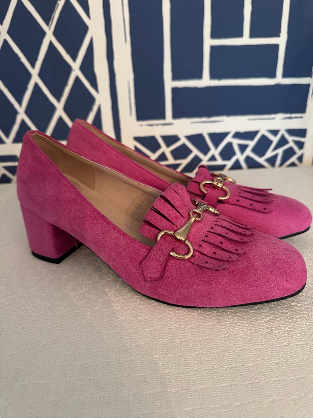 Pink Suede Fringe Block Heel Loafers